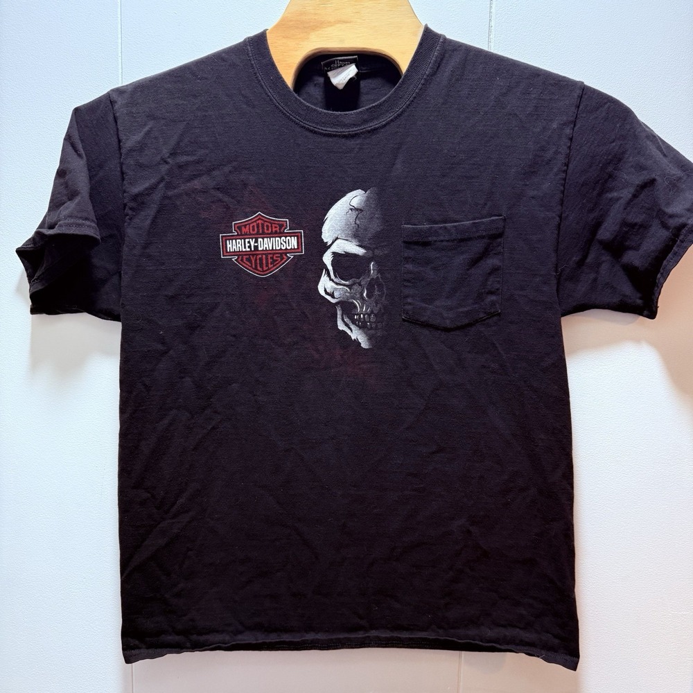 Harley Davidson Shirt Men's Size Large Black‎ Pocket Tee Skull Great Lakes MI